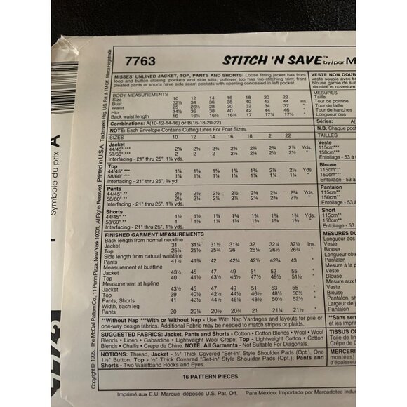 McCall's Misses Coat Shirt Pant Skirt Shorts Sewing Pattern Sz 16 - 22 7763 - Un - Picture 6 of 9